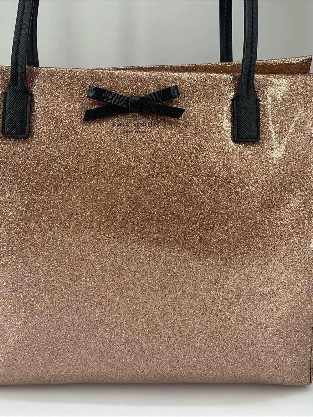 kate spade Mavis Street Taden Rose Gold Glitter Tote with Black Handles
